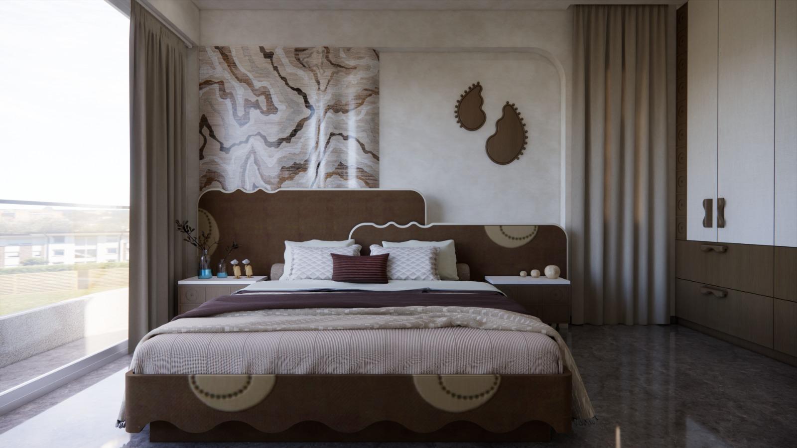 Principal bedroom, wave-edged headboard