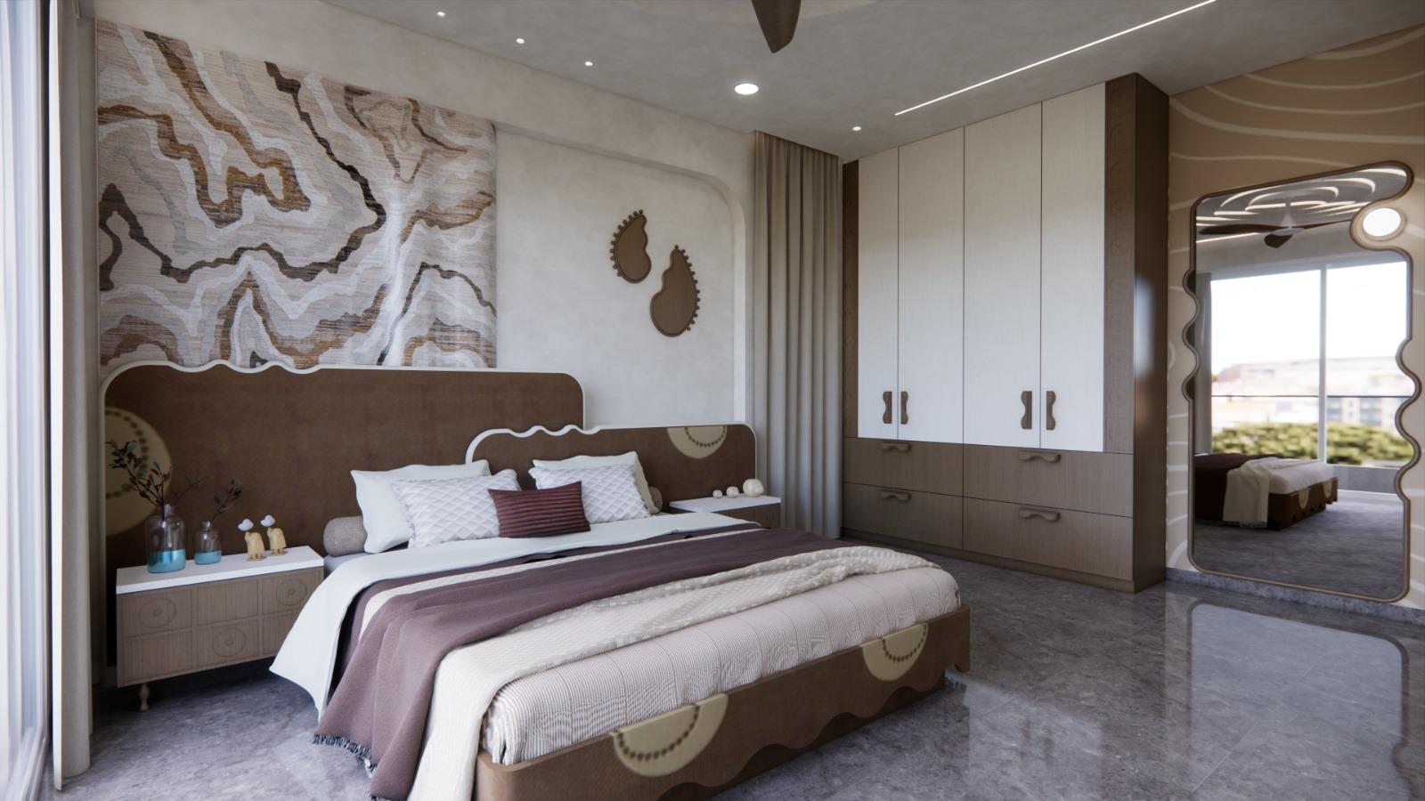 Bedroom with hand-painted contour wall