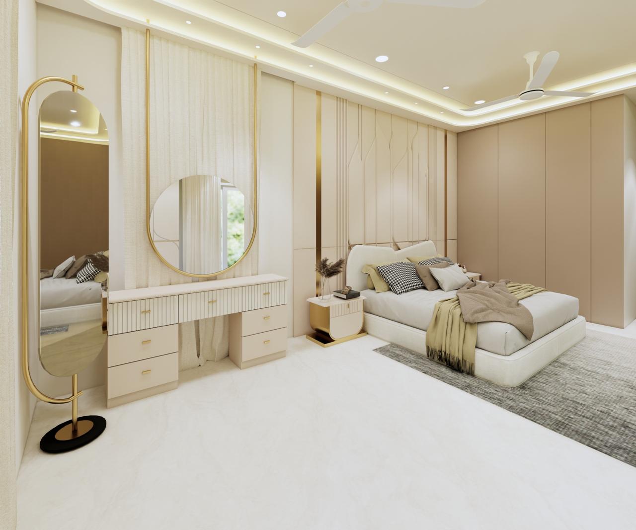 Dressing corner, curved brass-framed mirrors